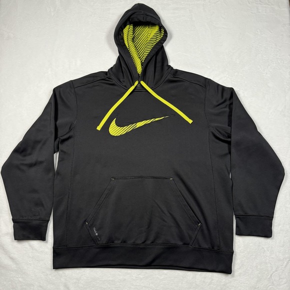 Nike Therma Fit Hoodie Mens XL Black Volt Swoosh Pullover Sweatshirt Athletic - Picture 2 of 10